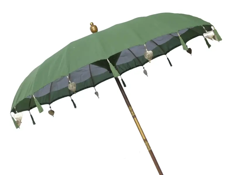 Product image of the product “Bali umbrella , moss with wooden coins and gold leaves hanging around the edge. Approx. 230cm dia. and 250cm height ”